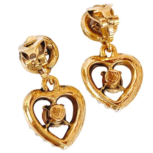 Vintage Y2K Gold Tone Heart Clip On Earrings Pink Blue Rhinestone Faux Pearl - Picture 8 of 12